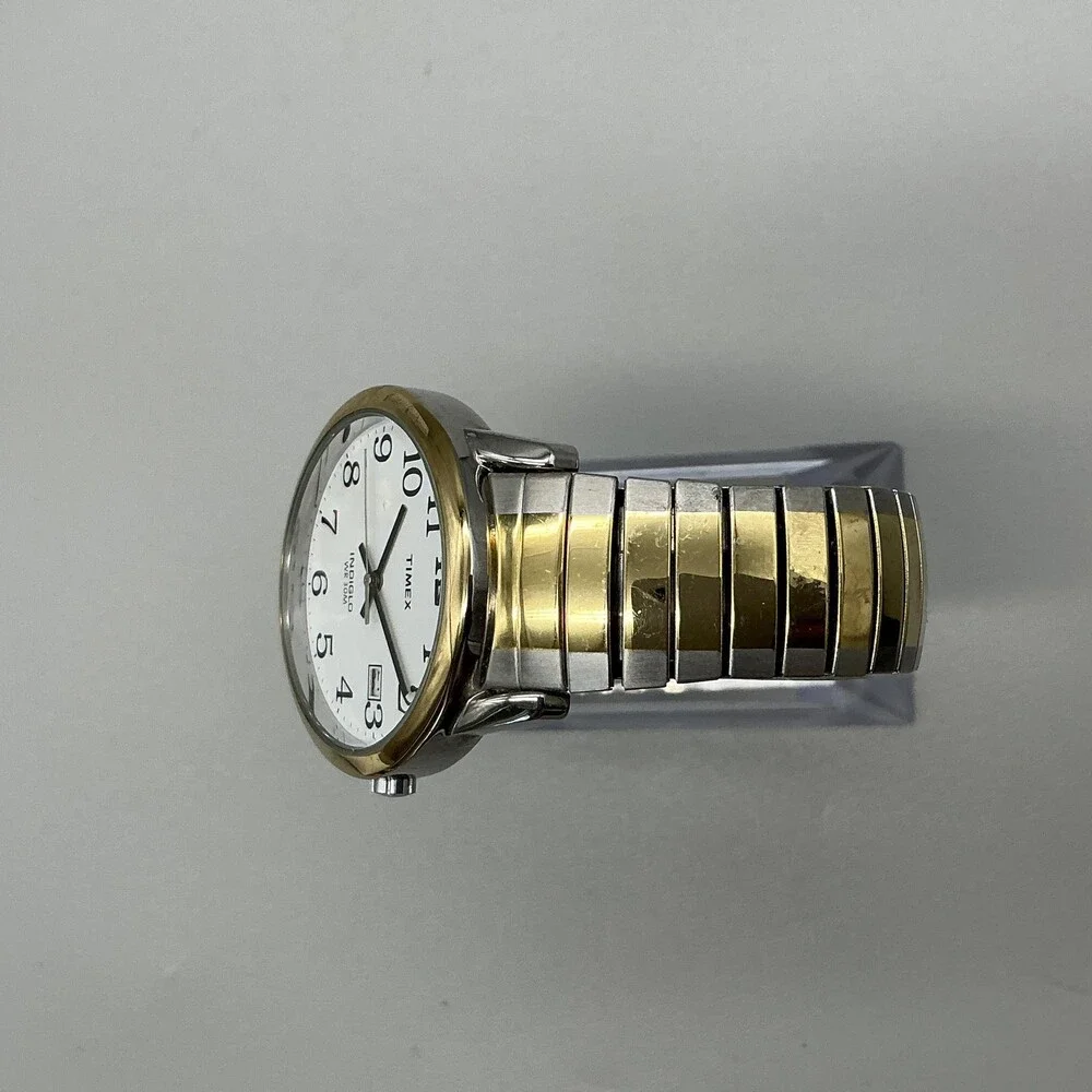 Timex Indiglo WR 30M Mens Watch 35mm White Dial Two Tone Bracelet New Battery